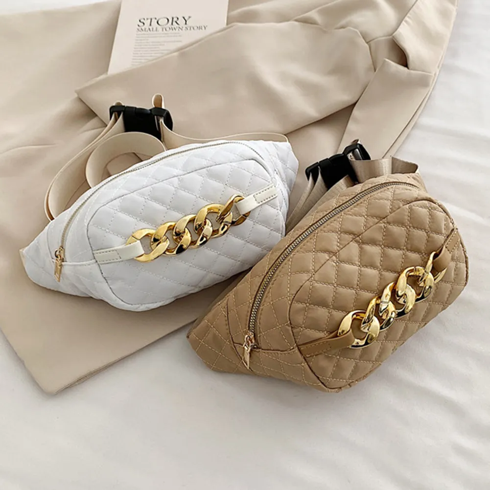 Bolsa tiracolo acolchoada com corrente grossa, casual, alça ajustável, simples e portátil para fim de semana_voghion.com