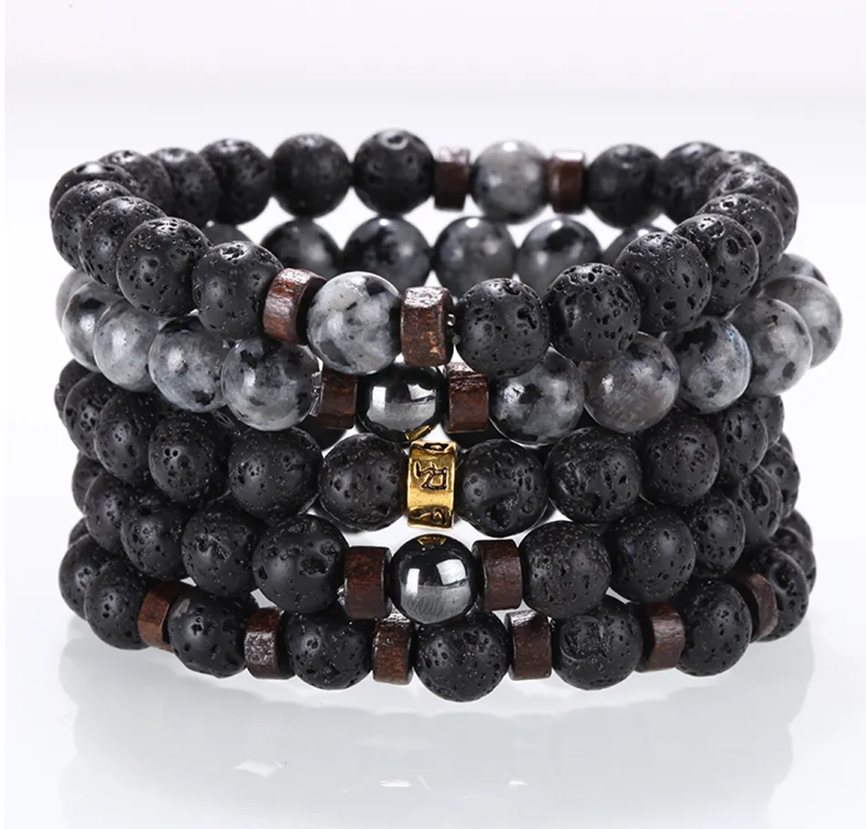 Lava Stone And Wood Beaded Bracelet For Men Natural Stone Bangles_voghion.com