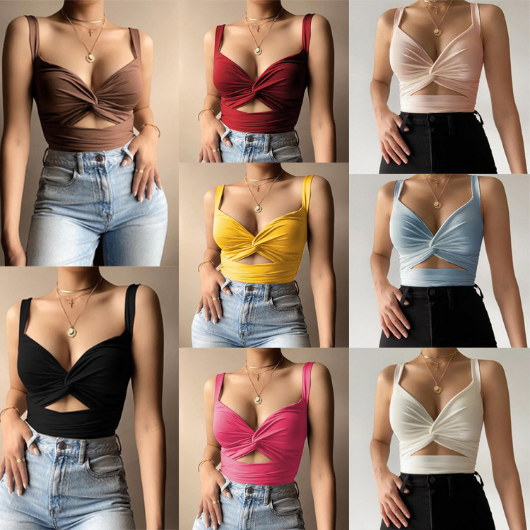 Vêtements pour femmes Gilets Hauts Ins Lacets élastiques torsadés Nouveau Col en V Dos Nu Petite Élingue Style Chaud d'été