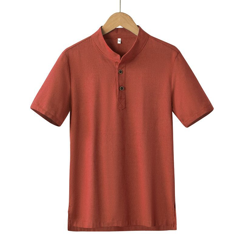 Men's Clothing  shirt solid color men's foreign trade men's summer men's cotton and linen casual shirt half placket stand collar new_voghion.com
