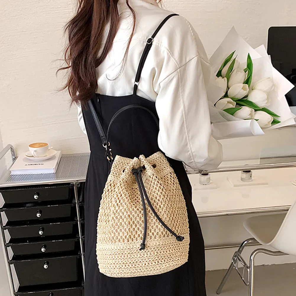 Summer Women Handbags Drawstring Straw Beach Crossbody Bags Adjustable Strap Fashion Casual Simple Elegant For Weekend_voghion.com