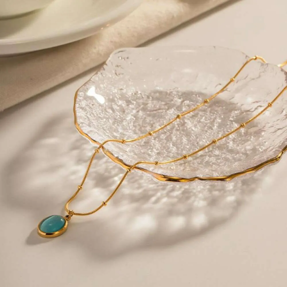 Collane con ciondolo INS Trend Collana ovale in opale blu da donna in acciaio inossidabile, impermeabile, semplicità, cristallo, collare girocollo_voghion.com