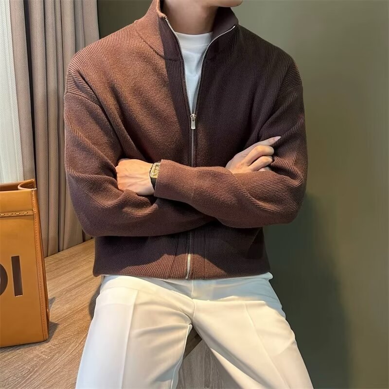 ​Men’s Slim Fit Zip-Up Knit Cardigan – Solid Color Stand Collar Sweater Jacket For Autumn & Winter, Casual Outerwear​