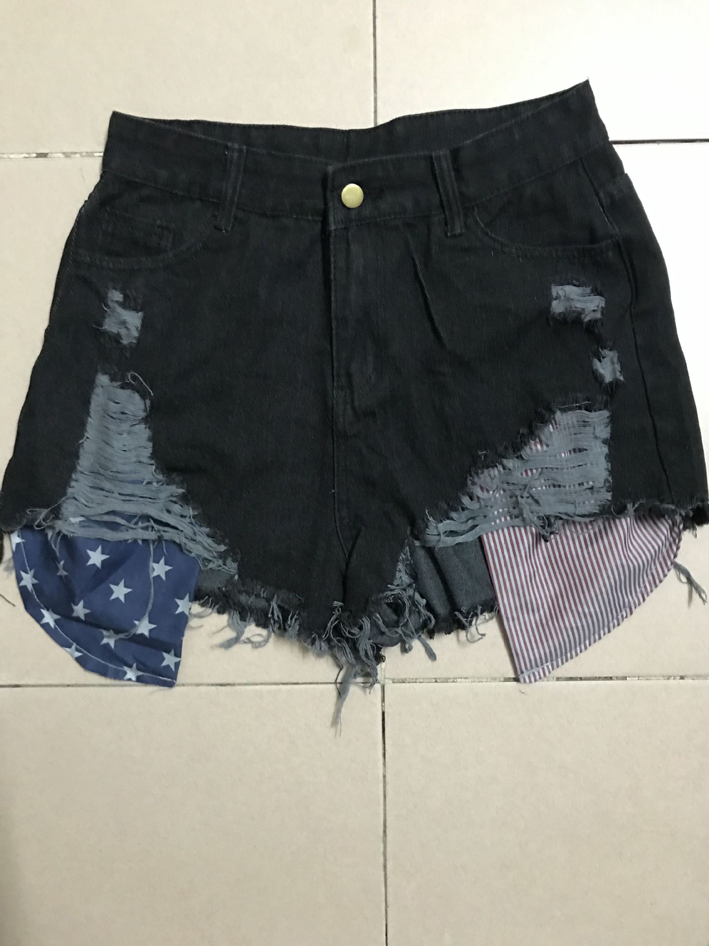 pocket stars and stripes flag ripped tassel jeans short_voghion.com
