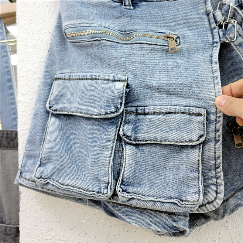 Damen-Shorts, koreanische Version, unregelmäßige Arbeitskleidung mit mehreren Taschen, A-Linien-Shorts für Damen, lockeres, weites Bein, 2024 Frühling/Sommer, neuer Jeansrock_voghion.com