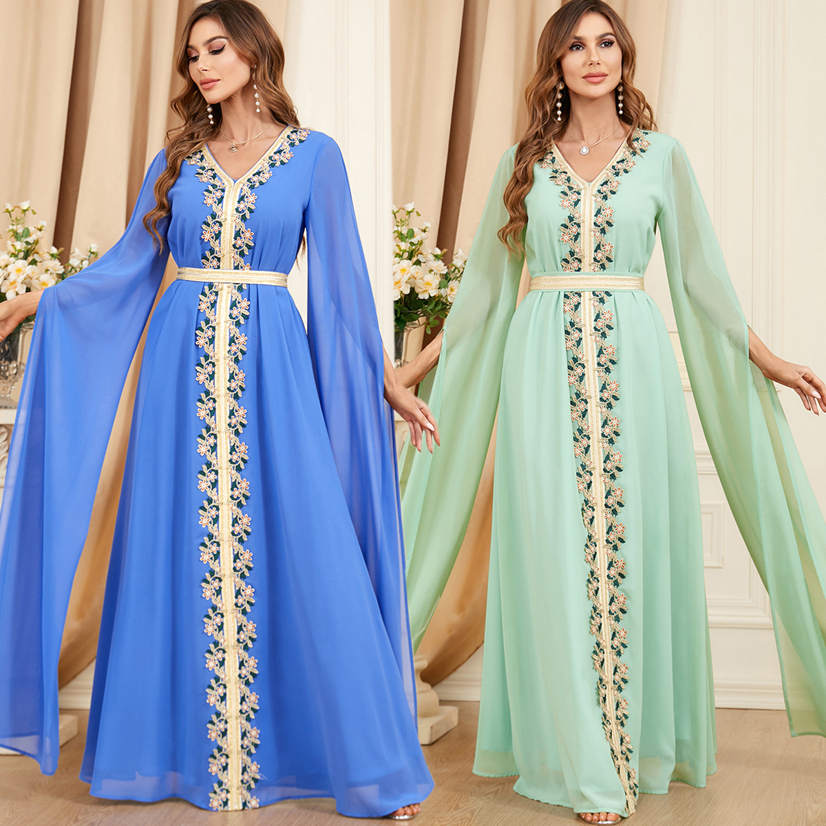 3306 en stock venta al por mayor vestido abaya de otoño de manga súper larga con costuras para mujer de Oriente Medio Dubai