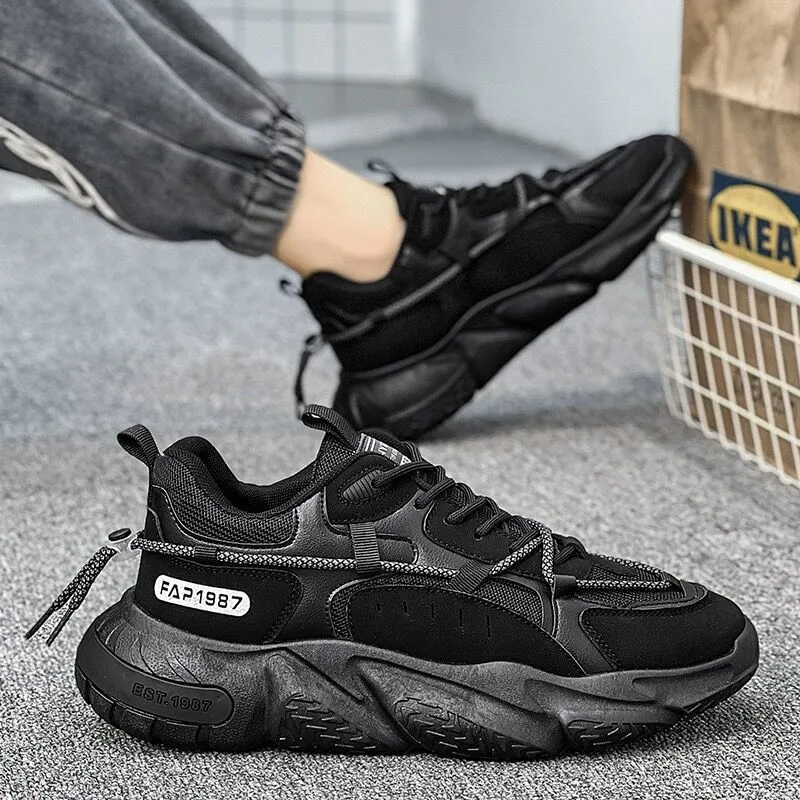 Men Clunky New Mesh Breathable Sneakers Trend Versatile Inner Heightened Athleisure Running Shoes Black Free shipping_voghion.com