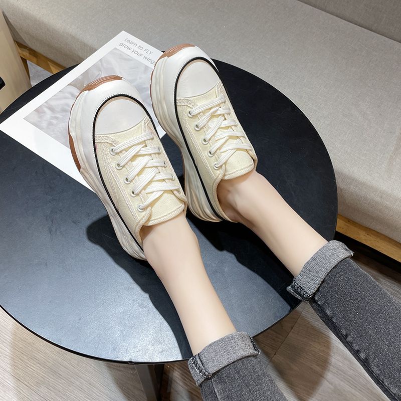 Pantofole casual in tela con lacci e stile Baotou, metà nuovo, primavera-autunno, moda donna 2023_voghion.com