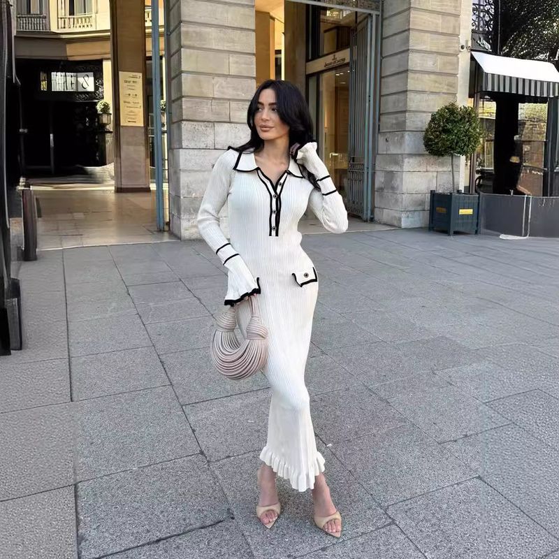 Women's Clothing Ruffled knitted dress long sleeve lapel button earrings_voghion.com