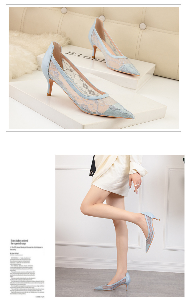 High heel thin heel shallow point flower embroidery lace mesh hollow sexy night club shoes_voghion.com