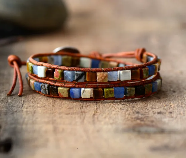 Stone Bead Leather Wrap Bracelet For Women Vintage Style_voghion.com