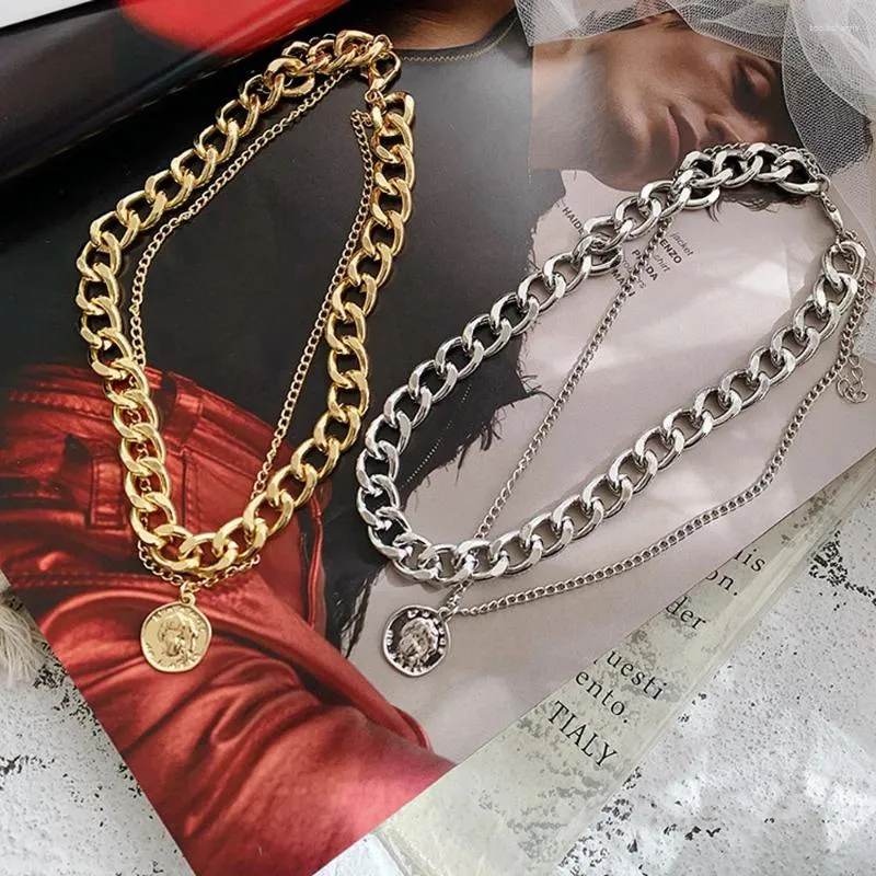 Chains FSUNION Fashion Vintage Multi-layer Coin Chain Choker Necklace For Women Portrait Chunky Necklaces 2024 Jewelry_voghion.com