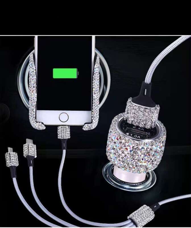 Elmas Gömülü Bir ila Üç Hızlı Şarj Veri Kablosu, Araba USB Çakmak, Cep Telefonu Şarj Cihazı_voghion.com