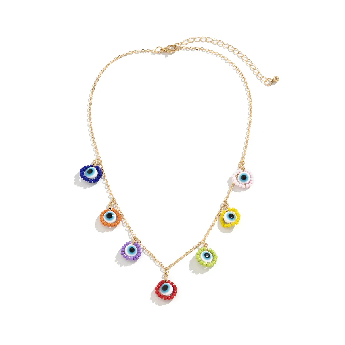 Chains Colored Rice Bead Daisy Tassel Chain Necklace For Women Simple Fashion Gold Plated Turkey Eyes Pendant 2023_voghion.com