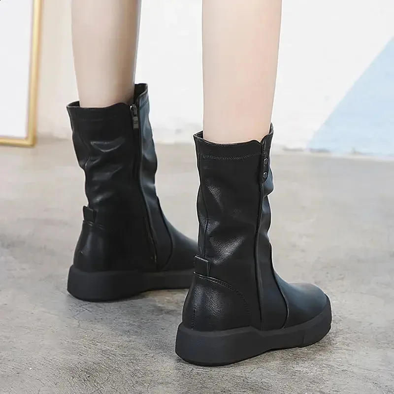 Women Martin Short Thin Spring Autumn Flat Versatile British Mid-calf Boots 240719_voghion.com