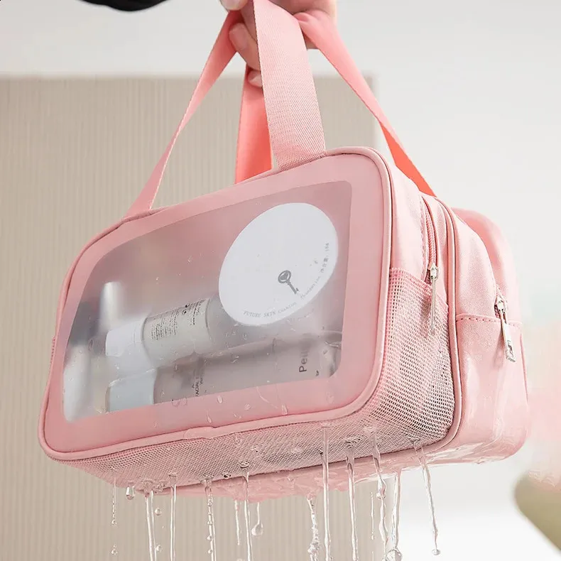 Fashion portable large capacity makeup Double layer frosted dry wet separation wash bag; Multifunctional travel storage_voghion.com
