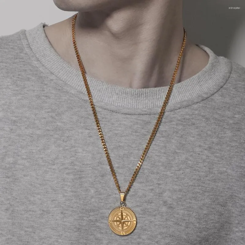Colliers Hio Hop pour hommes en acier inoxydable avec pendentif boussole de voyage et voile, chaîne cubaine Figaro, collier décontracté_voghion.com