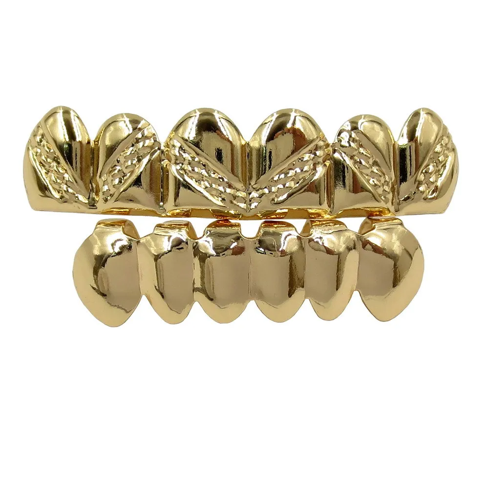 Vero oro bretelle punk hip hop denti grillz dentale bocca zanna griglie su fondo dente cappuccio cosplay festa rapper gioielli_voghion.com