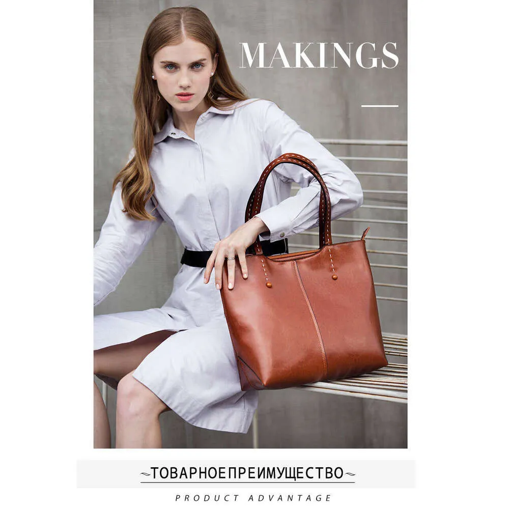 Zency Soft Cowhide Leather Fashion Women Shoulder Retro Brown Tote Handbag Large Capacity Lady Shopping Bag Black Grey_voghion.com