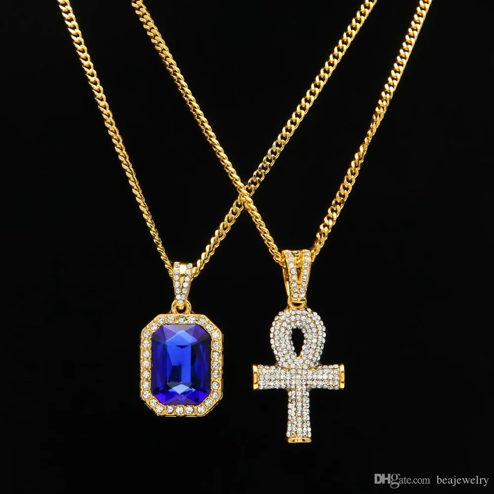 Neue Mode Ägyptischen Ankh Schlüssel des Lebens Bling Strass Kreuz mit Rot Rubin Anhänger Halskette Set Männer Hip Hop Schmuck Geschenk_voghion.com