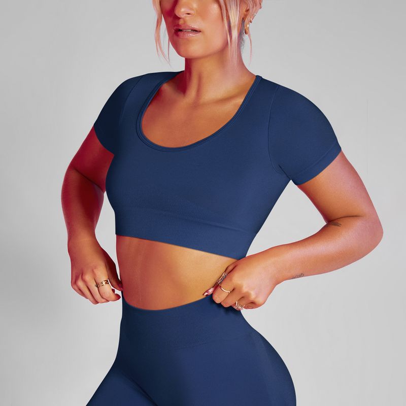 Neu Nahtlose Einfarbig Niedrigen Hals Sho Ärmeln Engen Hohe Elastizität Spos Laufende Fiess Yoga Kleidung_voghion.com