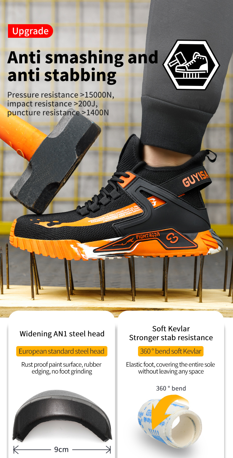 Buty robocze GUYISA dla mężczyzn z metalowym noskiem, odporne na rozbicie i przebicie, oddychające, w kolorze pomarańczowym 0296RE CN39-44_voghion.com
