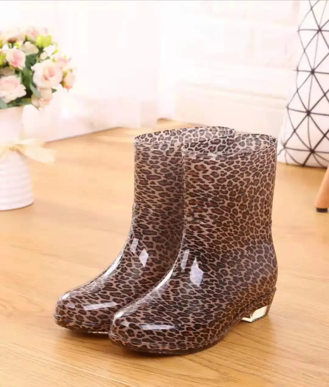 Printed for women work anti and non slip PVC waterproof shoes mid calf rain boots 241031_voghion.com