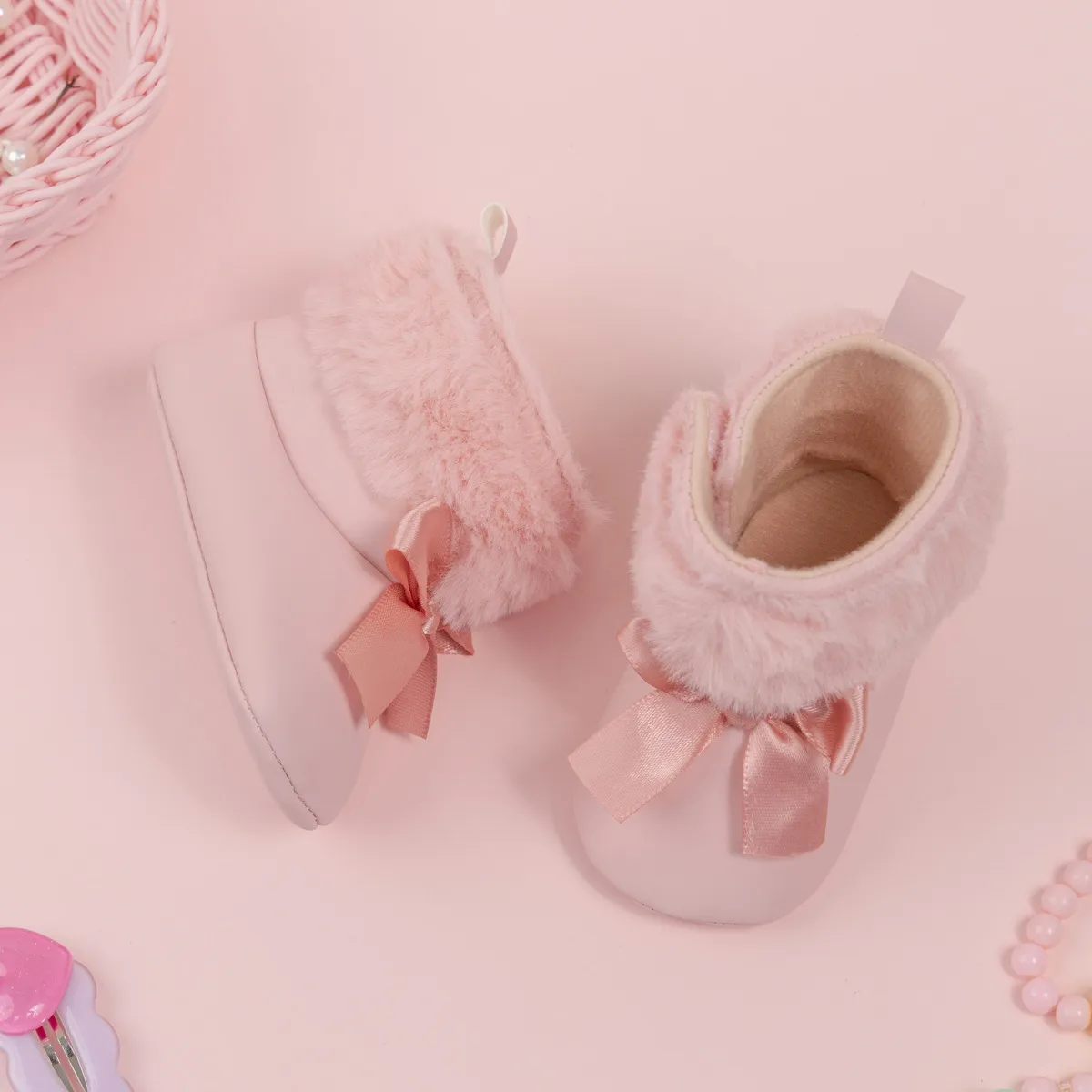 Pink Toddler With Bow Veet Fluzzy Autumn Winter Baby Snow Boots Kids Girls Warm Happysteps First Walkers Shoes 0-18M_voghion.com