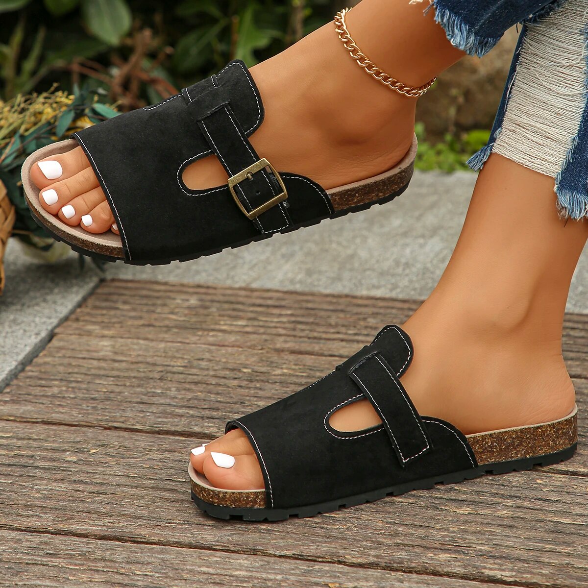 Damen Sandalen mit dickem Fußbett, klassisch, für den Strand, flach, für den Sommer, lässig, rutschfest, mit Fußgewölbeunterstützung_voghion.com