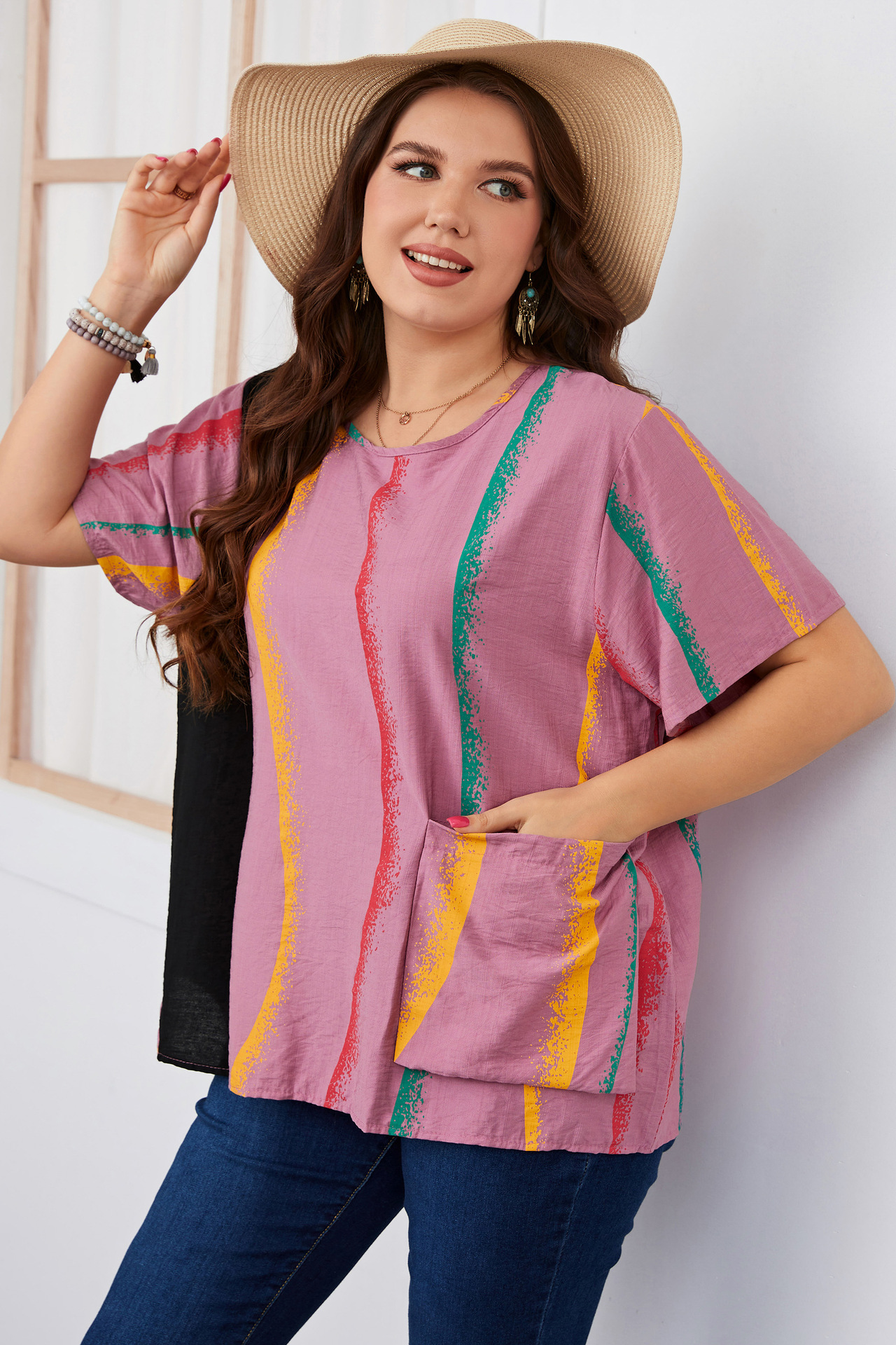 Women's striped contrast color large size women's shirt slim round neck women's clothing_voghion.com