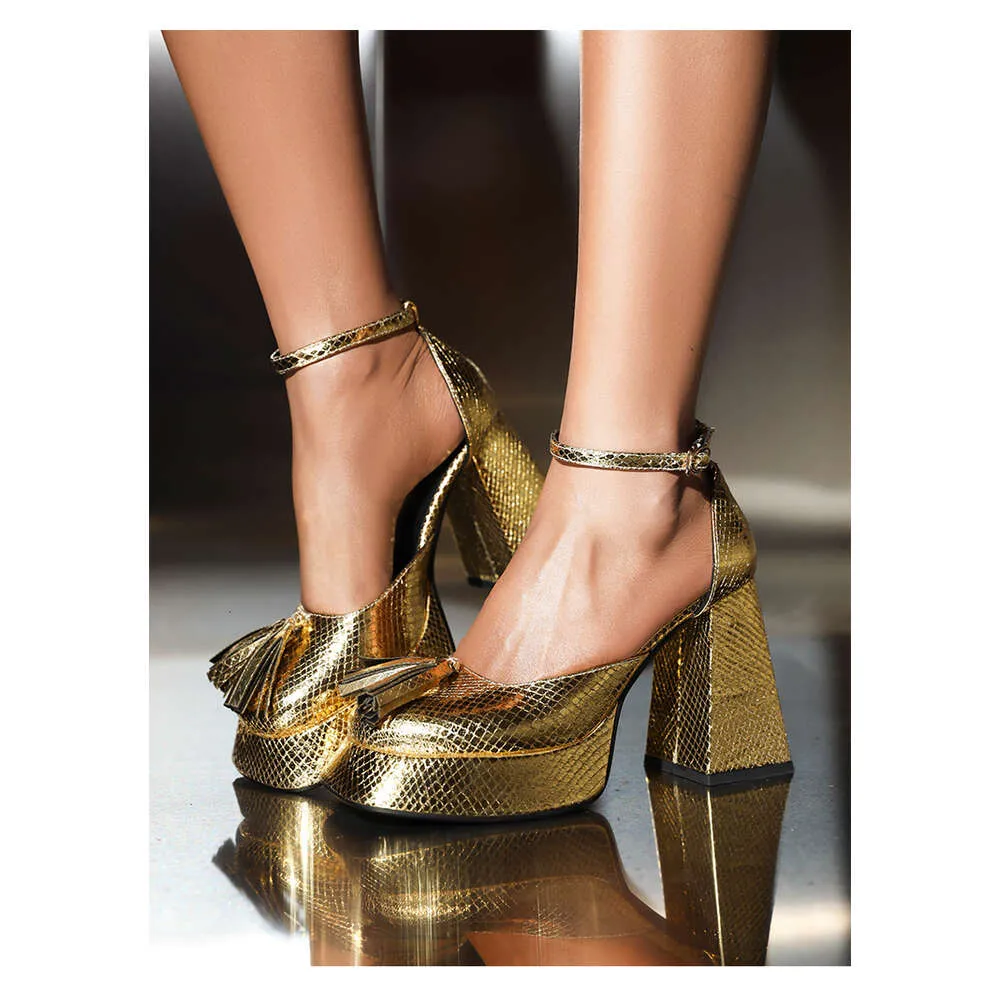 Gingham Gold glänzende Mikrofaser-Fransenschuhe mit hohen Absätzen für Damen mit atmungsaktivem Plateau mit ultrahohem, dickem Absatz_voghion.com