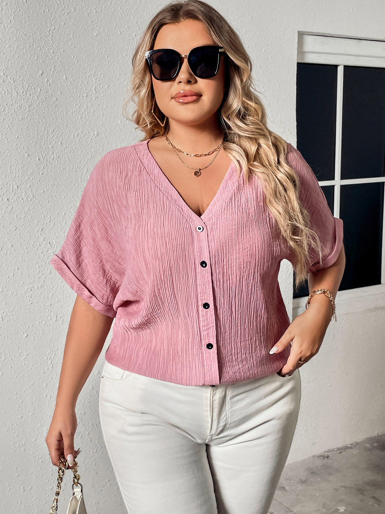 Women's linen v-neck button loose slim short-sleeved shirt tops for women_voghion.com