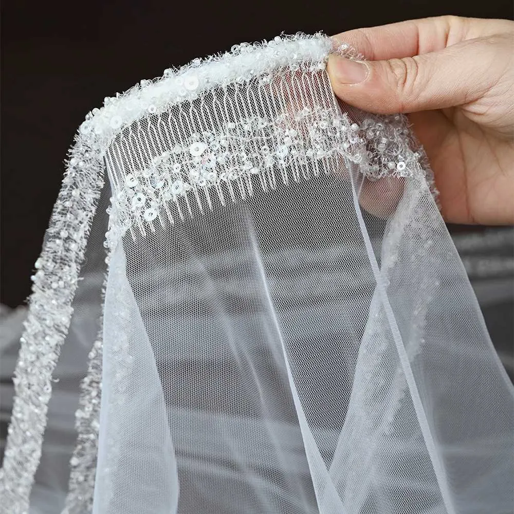 Jewelry Crystal Beaded Wedding Veils With Beading Long Cathedral 1 Tier Bridal Hair Accessories 2024 Summer VP77_voghion.com