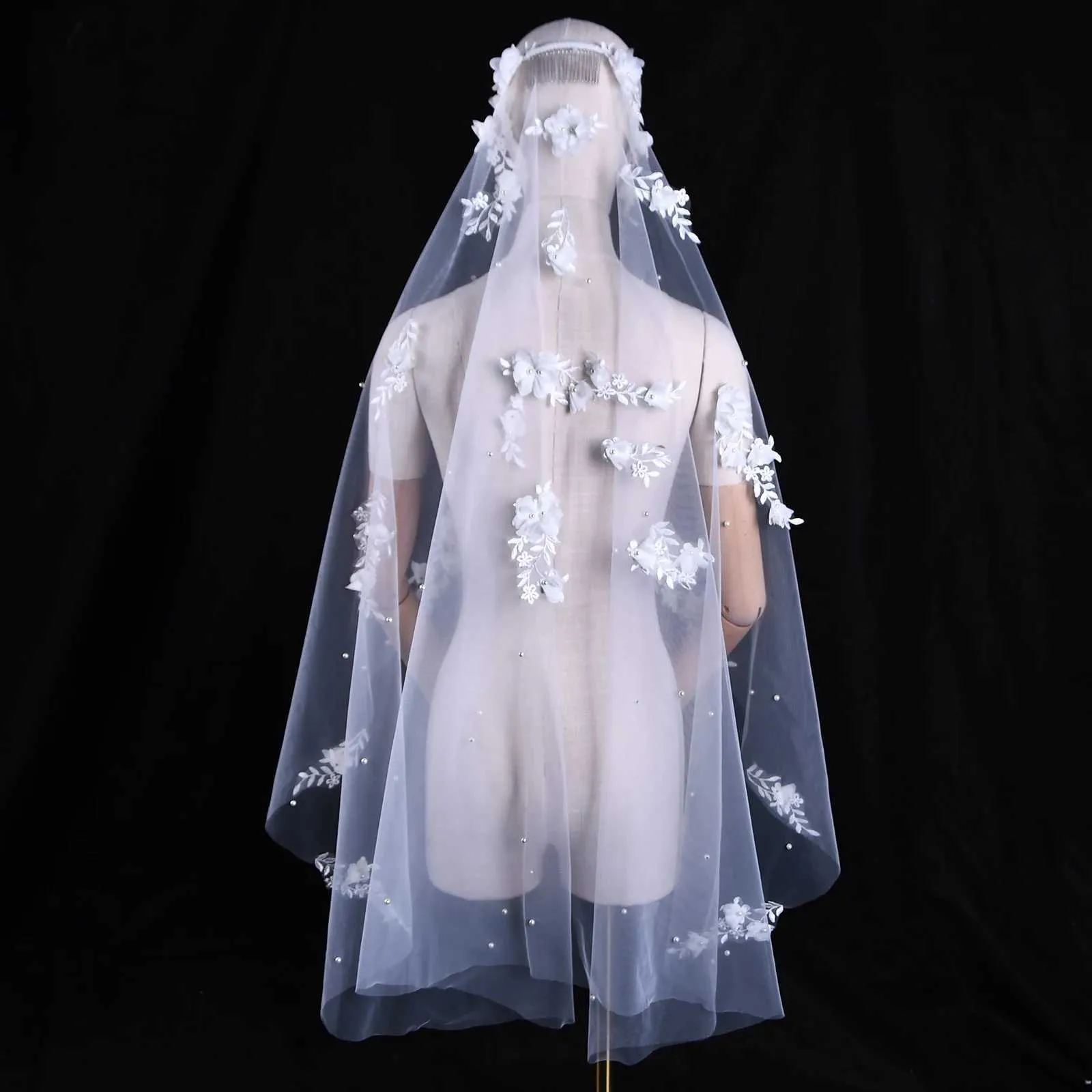 Hair Jewelry Elegance 3D Flowers Bridal Veil 1 Meters Short Veu Wedding Dresses Accessories with Organza Flower Voile_voghion.com