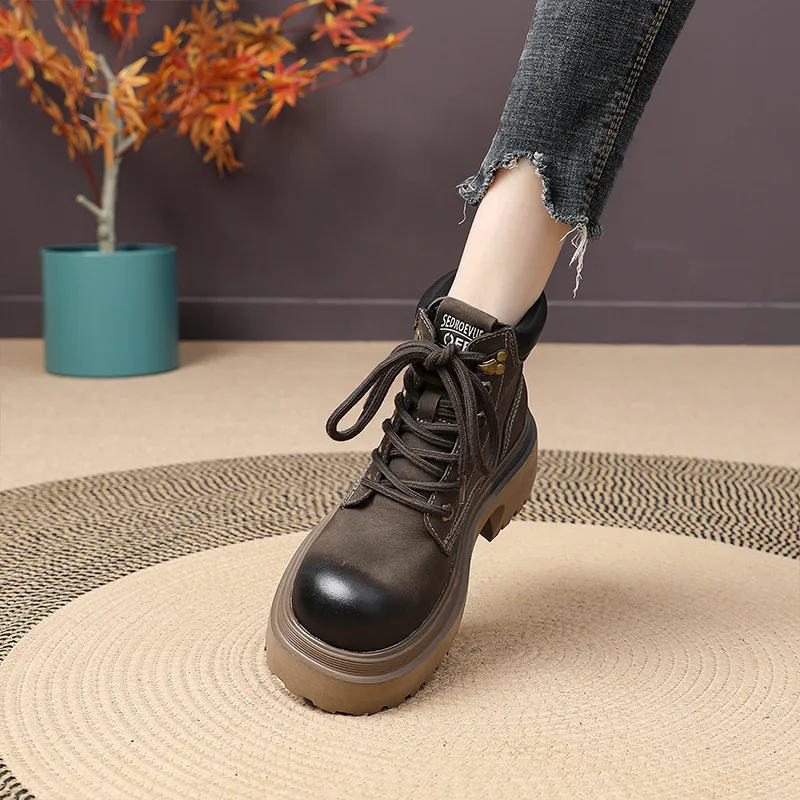 Genuine Leather Motorcycle Boots For Women Round Toe Thick Sole_voghion.com