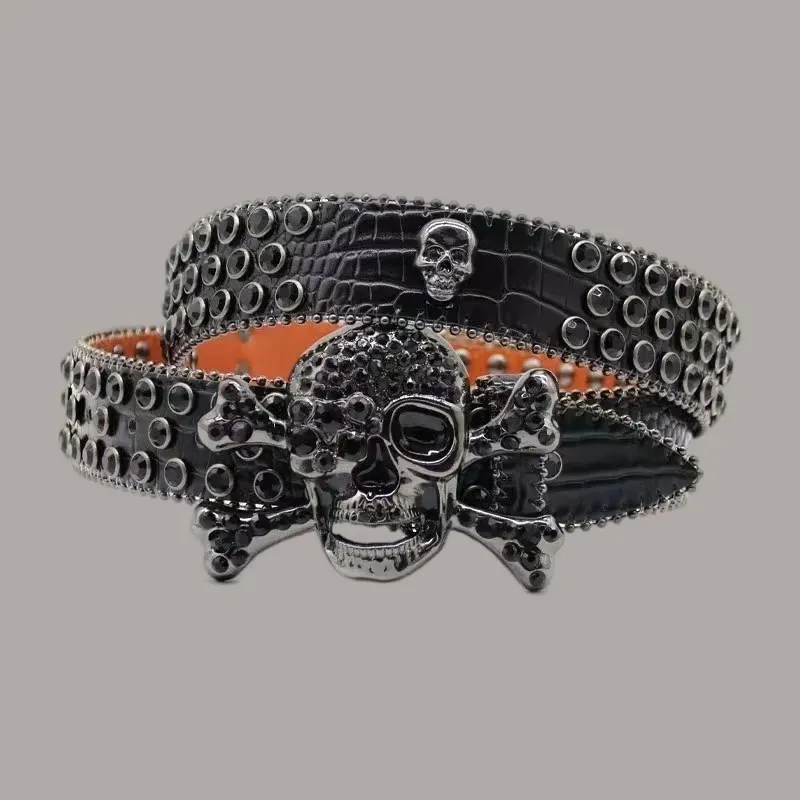 Ceinture en cuir avec boucle en bronze pour hommes, décontractée, de styliste, vert, violet, diamants brillants, bb, exquise, en forme de crâne_voghion.com