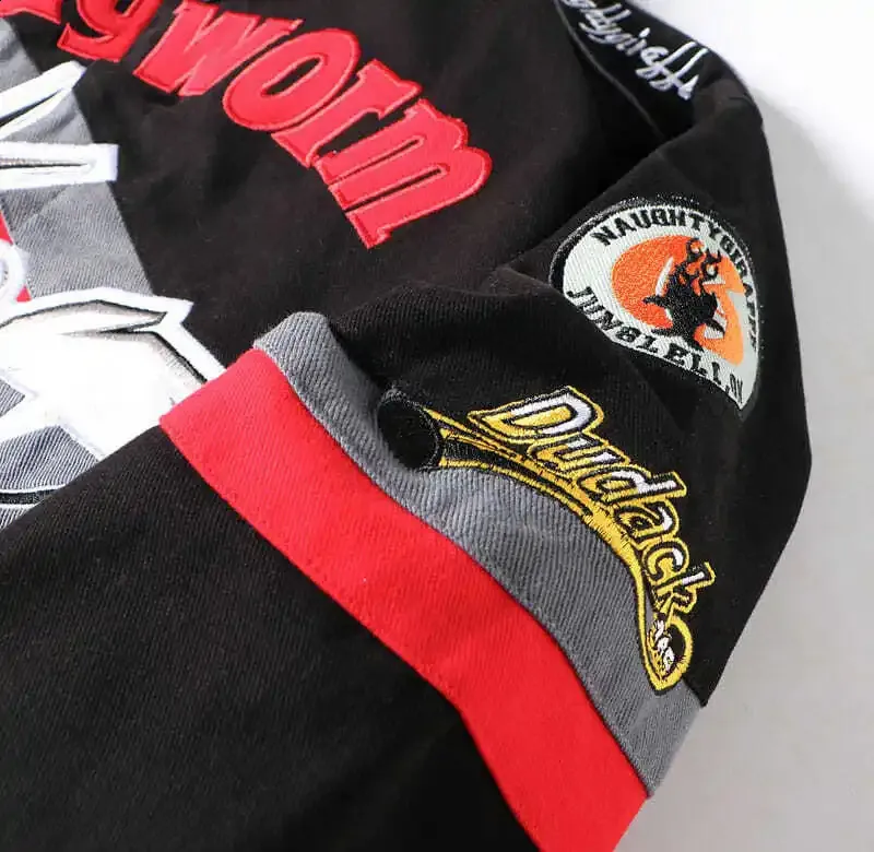 High Street Embroidered Anime Baseball Men Workwear Loose Motorcycle Jacket Pure Cotton Zipper Long Sleeve Stand Collar_voghion.com