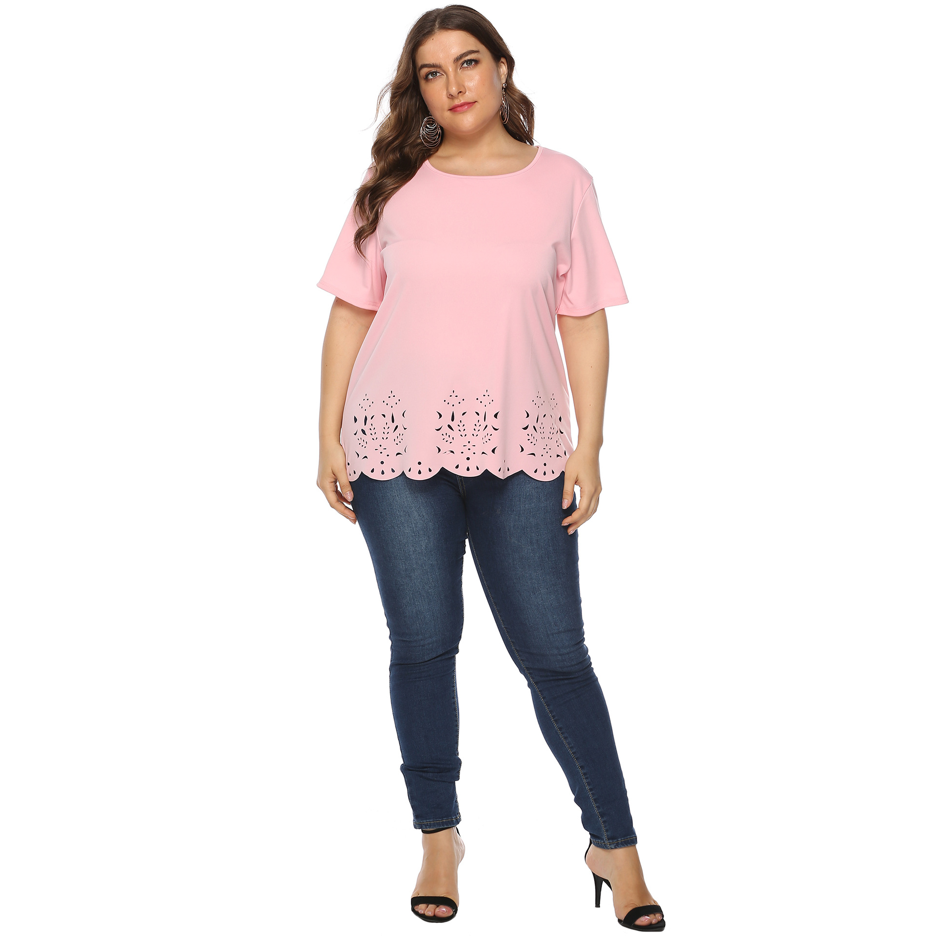 Women's tops large size women's clothing solid color burnt flower hollow wave edge casual short-sleeved T-shirt_voghion.com