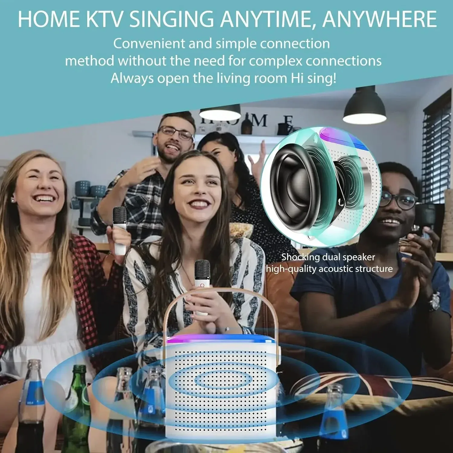 Microphone Portable Bluetooth Karaoke Speaker With 2 Wireless Handheled Microphones For Home Party 240621_voghion.com