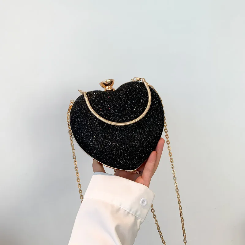 Pochette da sera Borsa da donna lucida Pochette in metallo a forma di cuore Borsa a tracolla con catena di moda Borsa da donna_voghion.com