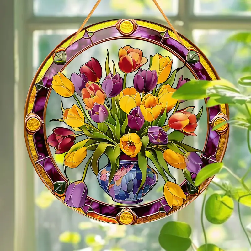 Attrape-soleil en forme de bouquet de tulipes - Art en acrylique sur vitrail de 20 cm. Décoration florale printanière pour porches ou pour une pendaison de crémaillère joyeuse._voghion.com