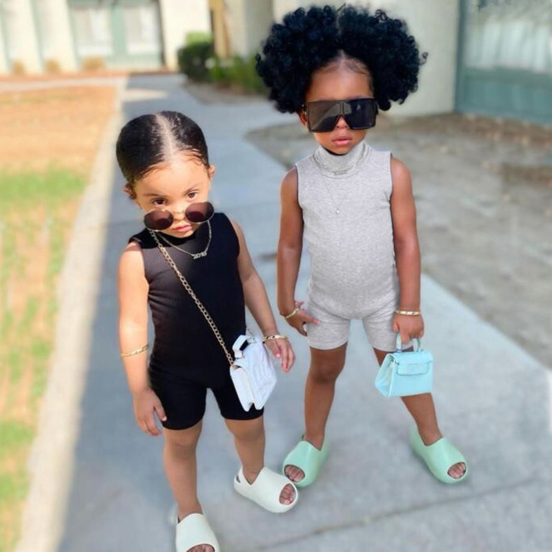 Mother & Kids Girls summer ins cotton striped half-high collar elastic jumpsuit small and medium-sized children's sleeveless clothes wholesale agent_voghion.com