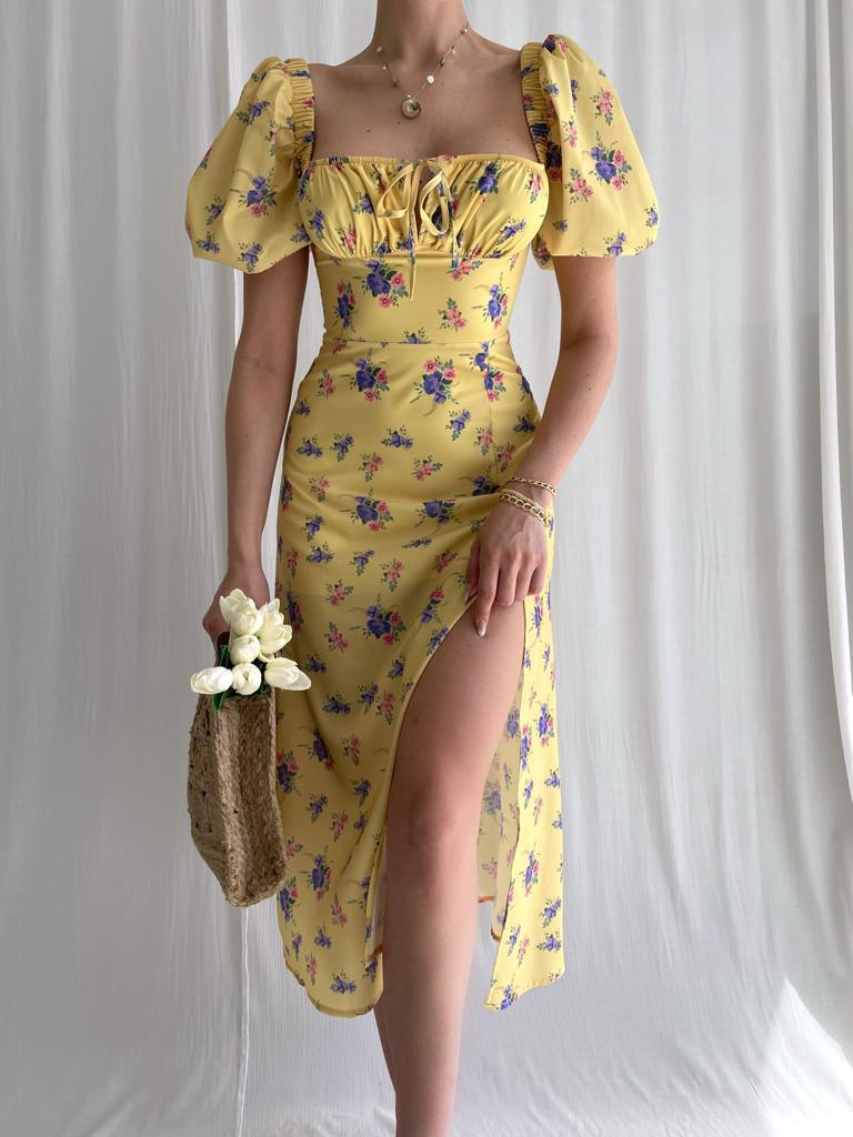 Damesjurk met bubbelmouwen, slanke pasvorm, sexy slanke zijsplit en print_voghion.com
