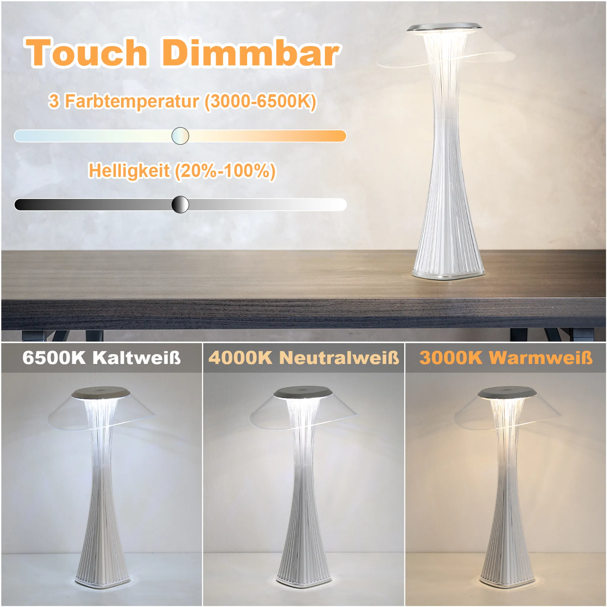 LED Tischlampe Touch Dimmbar - 3000-6500K Weiß Nachttischlampe Mit Akku Innen Und Aussen Beleuchtung Tagbare Tischleuchte Aufladen Mit USB_voghion.com