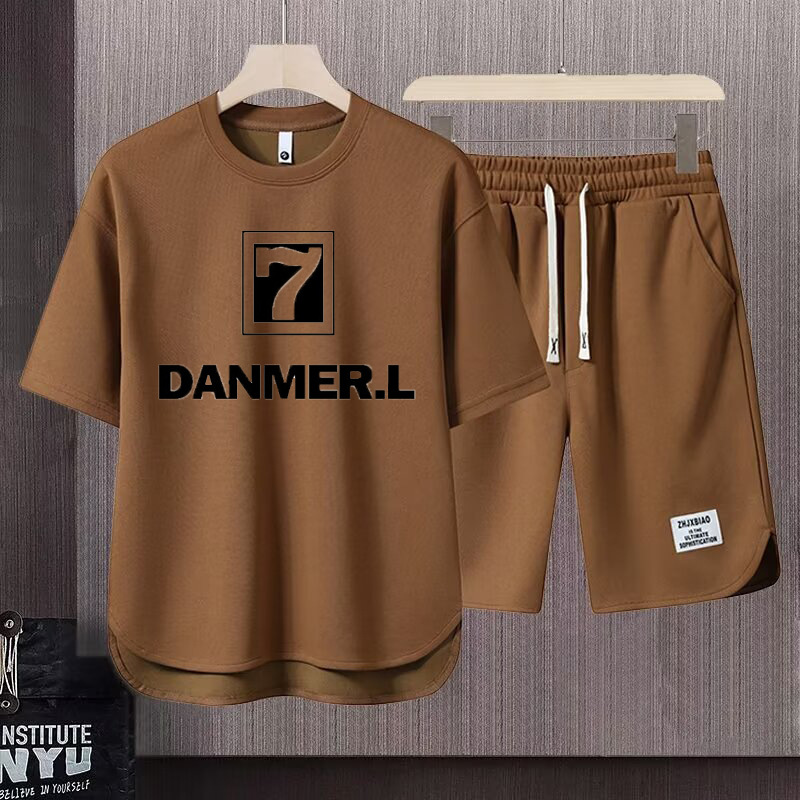 Men’s Clothing 2024 Waffle Casual Summer Suit Men’s Loose Teen Short sleeved T shirt Shorts Handsome Two piece Suit