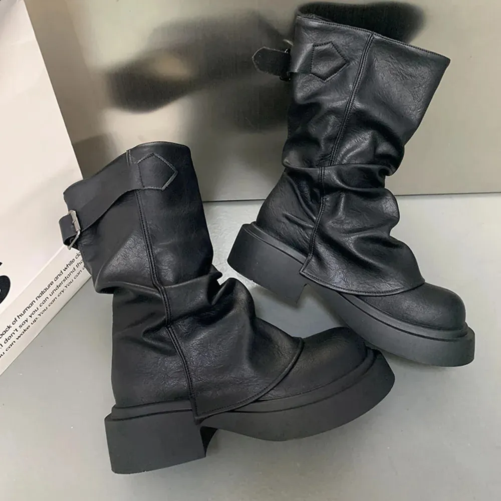 Motorcycle Boots Women Chunky Platform Ankle Boots Punk Buckle_voghion.com