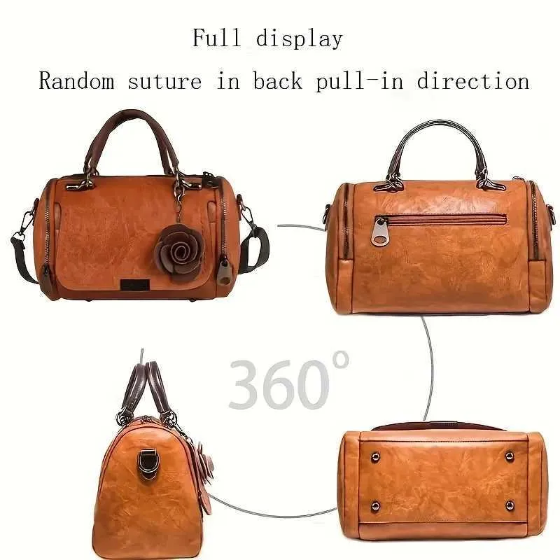 Große Vintage-Handtasche Boston aus einfarbigem PU mit Reißverschluss und Anhänger – perfekt für den gelegentlichen Gebrauch C241217_voghion.com
