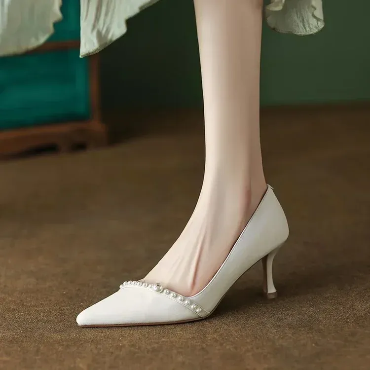 Damen Pumps Weiß Hochzeit High Spitzschuh String Bead Bootsschuhe Dünne Absätze Basic Pump Perlen Schwarz 2024 03c2_voghion.com