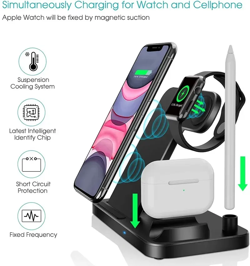 10W Type-C Fast Stand 4 In 1 Wireless Charger For Fashion IPhone Mobile Phone Earphone Watch_voghion.com