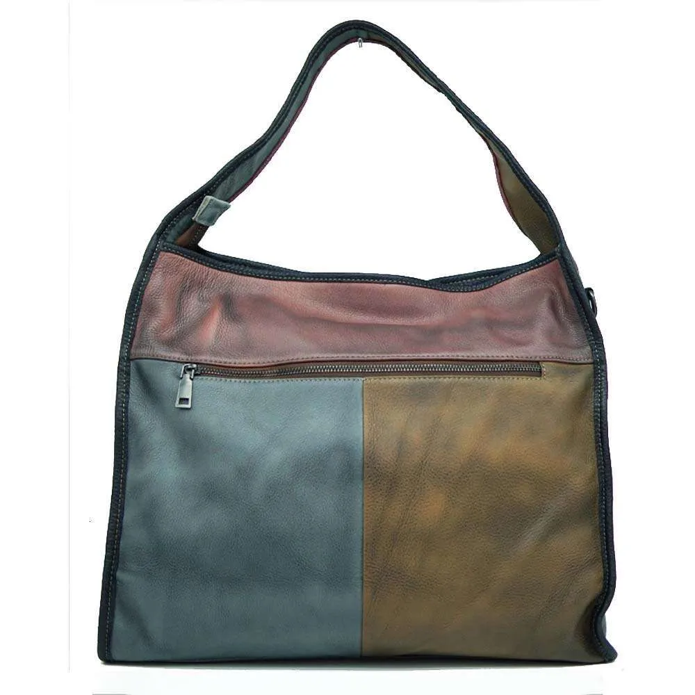 MS Retro Style Genuine Leather Handbag Donna Vacchetta Patchwork Fatto a Mano Spazzola Grande Capacità Hobos Borsa a Tracolla Capiente_voghion.com